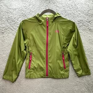 The North Face Youth XS Full Zip Green Hooded Rain Jacket Pink Trim Camping